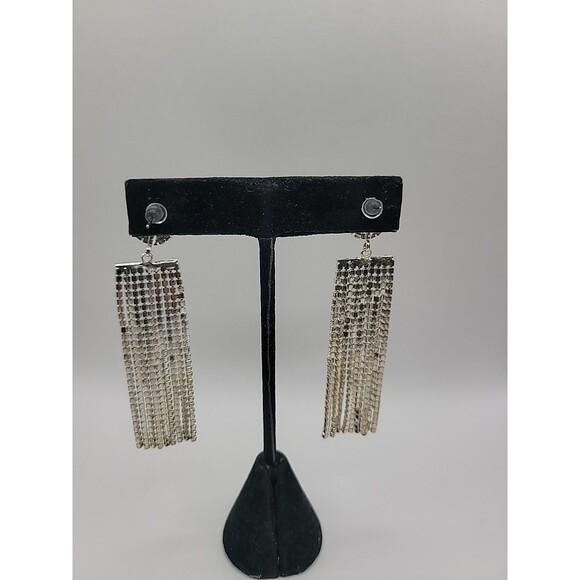 Vintage Silver Tone Rhinestone Tassel Fringe Dangle Earrings Glam Cocktail - Picture 11 of 12